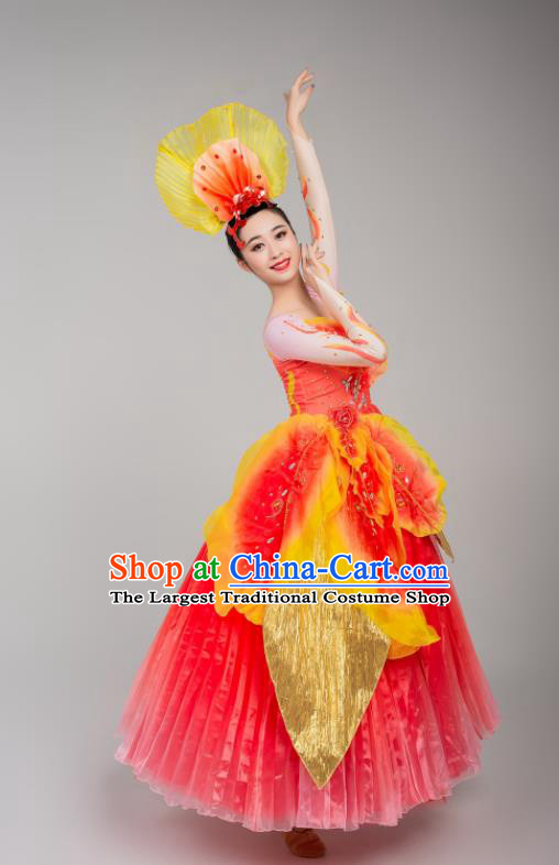 China Stage Performance Outfits Modern Dance Costumes Women Peony Dance Clothing Spring Festival Gala Opening Dance Red Dress