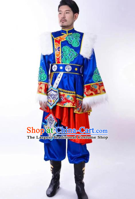 Chinese Traditional Zang Nationality Performance Royalblue Outfits Tibetan Minority Male Festival Garment Costumes Xizang Ethnic Folk Dance Clothing