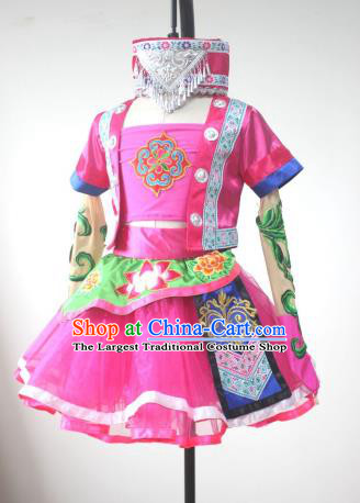 Chinese Tujia Minority Children Dance Clothing Xiangxi Ethnic Girl Dance Costumes Yi Nationality Stage Performance Rosy Dress Outfits