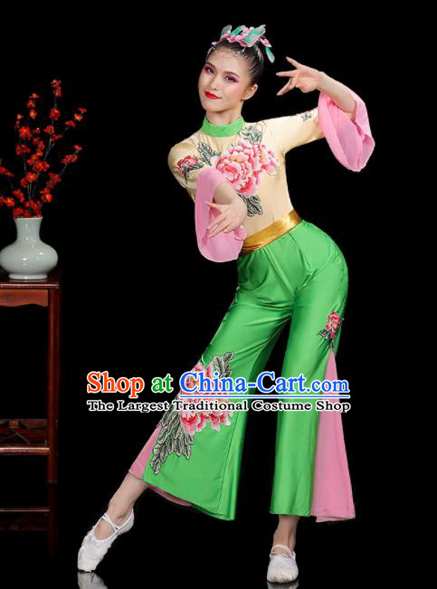 Professional China Fan Dance Clothing Folk Dance Printing Peony Green Outfits Women Group Dance Costumes Yangko Dance Garments