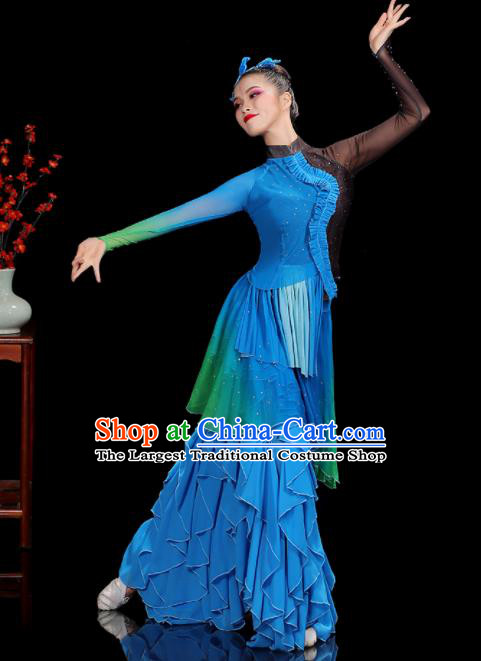 Professional China Women Group Dance Costumes Yangko Dance Garments Umbrella Dance Clothing Folk Dance Blue Outfits