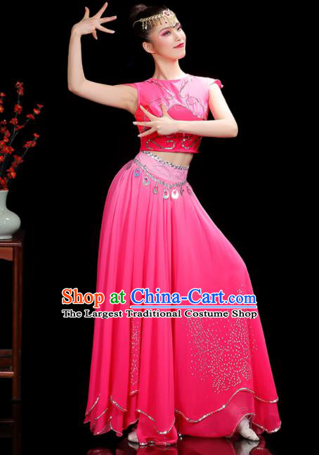 Chinese Uyghur Minority Dance Clothing Xinjiang Ethnic Female Dance Costumes Uighur Nationality Stage Performance Pink Dress Outfits