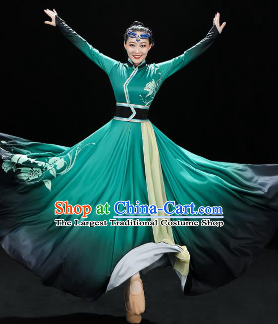 Chinese Mongol Nationality Dance Green Dress Outfits Mongolian Minority Folk Dance Clothing Ethnic Festival Performance Costumes