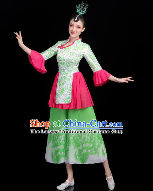 Chinese Traditional Yangko Dance Apparels Women Group Performance Clothing Fan Dance Printing Green Outfits Folk Dance Costumes