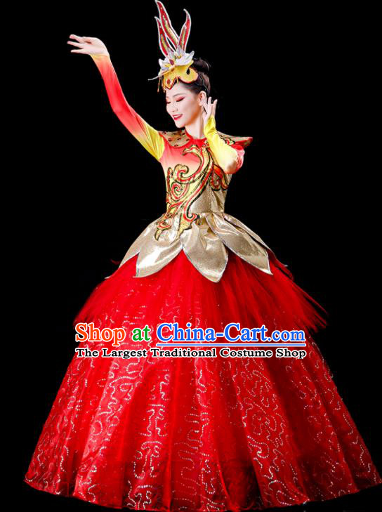 Professional China Stage Performance Costume Women Group Dance Garments Modern Dance Clothing Spring Festival Gala Opening Dance Red Dress