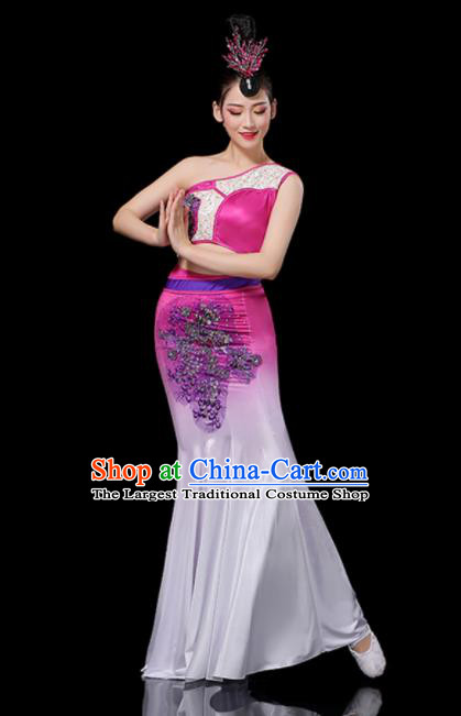 Chinese Tai Nationality Stage Performance Rosy Dress Outfits Dai Minority Peacock Dance Clothing Yunnan Ethnic Female Dance Costumes