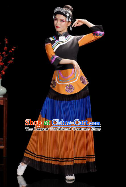 Chinese Yunnan Ethnic Female Dance Costumes Yi Nationality Stage Performance Orange Dress Outfits Li Minority Dance Clothing