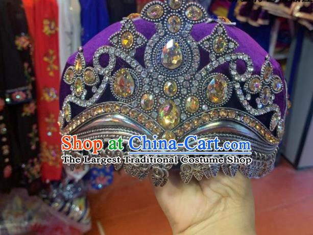 China Uighur Nationality Folk Dance Headwear Uyghur Minority Dance Headdress Xinjiang Ethnic Performance Purple Hat