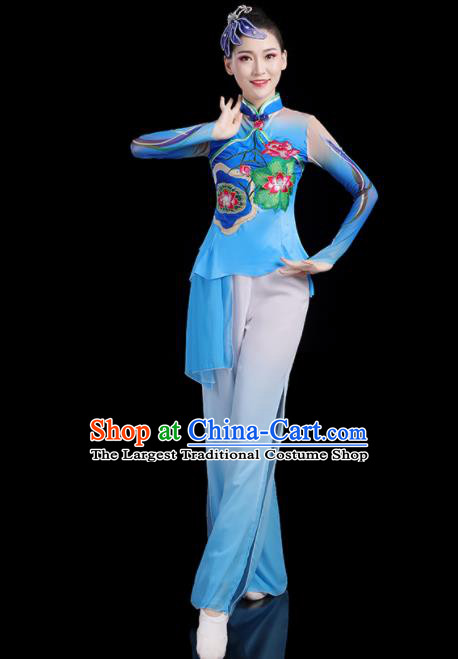 Chinese Traditional Fan Dance Blue Outfits Female Lotus Dance Costumes Yangko Performance Apparels Folk Dance Clothing