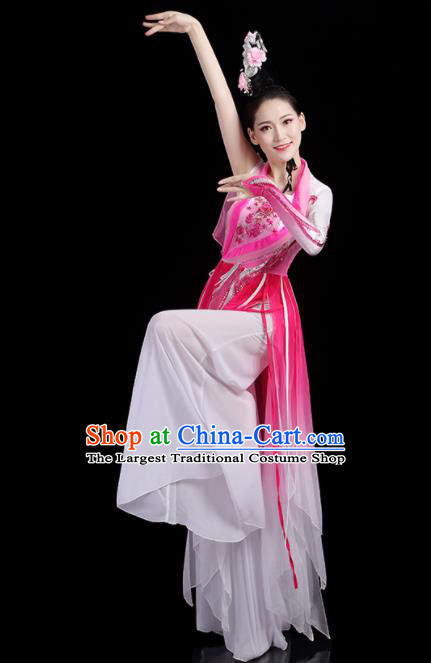 China Woman Dancewear Classical Dance Clothing Umbrella Dance Garment Costumes Fan Dance Rosy Dress Jasmine Flower Performance Outfits