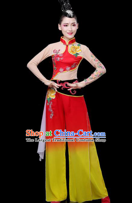 Chinese Traditional Fan Dance Red Outfits Woman Group Folk Dance Costumes Yangko Performance Apparels Square Dance Clothing