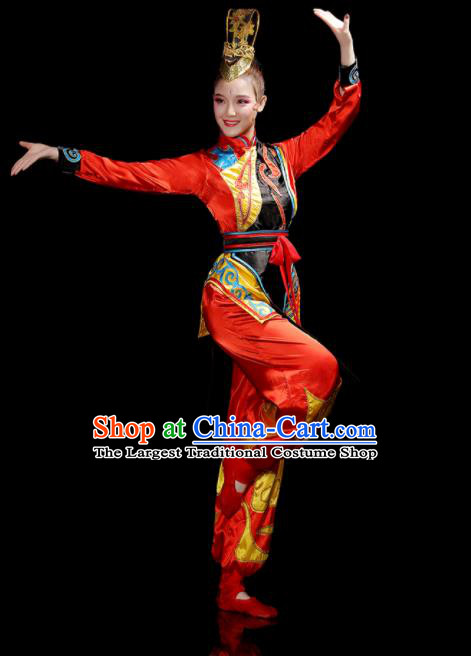 Chinese Traditional Fan Dance Red Outfits Folk Dance Costumes Yangko Performance Apparels Women Group Drum Dance Clothing