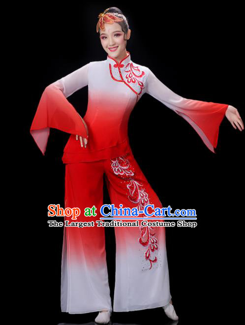 Chinese Traditional Fan Dance Red Outfits Folk Dance Costumes Yangko Dance Performance Apparels Women Group Dance Clothing