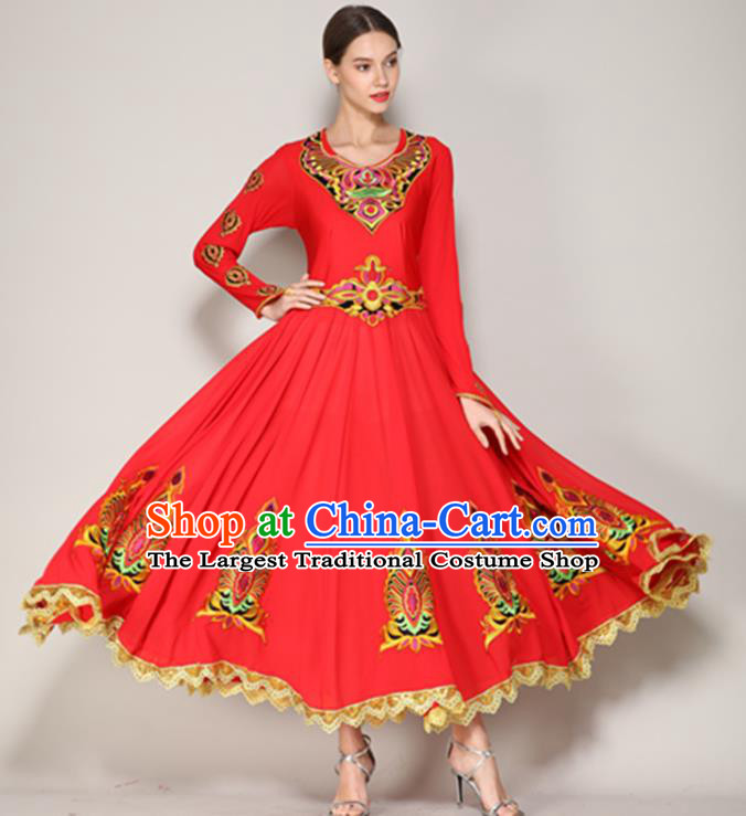 Chinese Xinjiang Minority Woman Dancewear Uyghur Ethnic Performance Clothing Uighur Nationality Folk Dance Red Dress