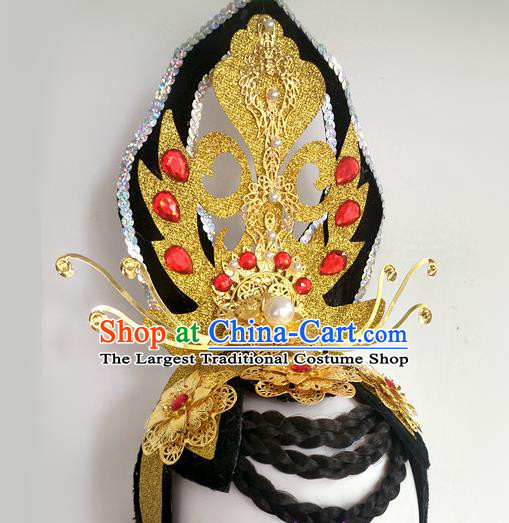 Chinese Beauty Dance Hairpieces Traditional Flying Apsaras Dance Wigs Chignon Classical Dance Hair Accessories Woman Group Dance Headdress