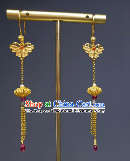 Handmade Chinese National Earrings Cheongsam Ear Jewelry Qing Dynasty Imperial Consort Eardrop Traditional Golden Lantern Ear Accessories