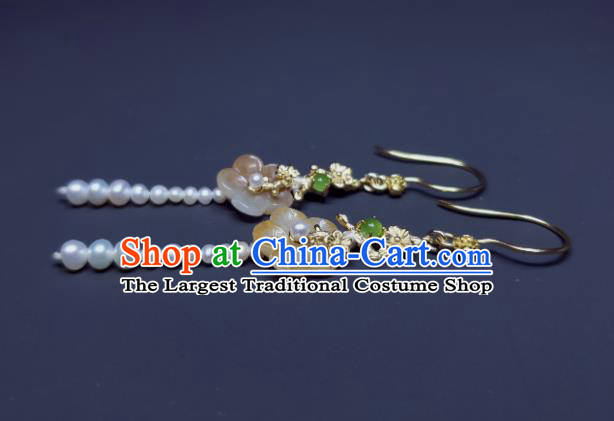 Handmade Chinese Cheongsam Jade Plum Ear Jewelry Song Dynasty Princess Eardrop Traditional Ear Accessories National Pearls Earrings