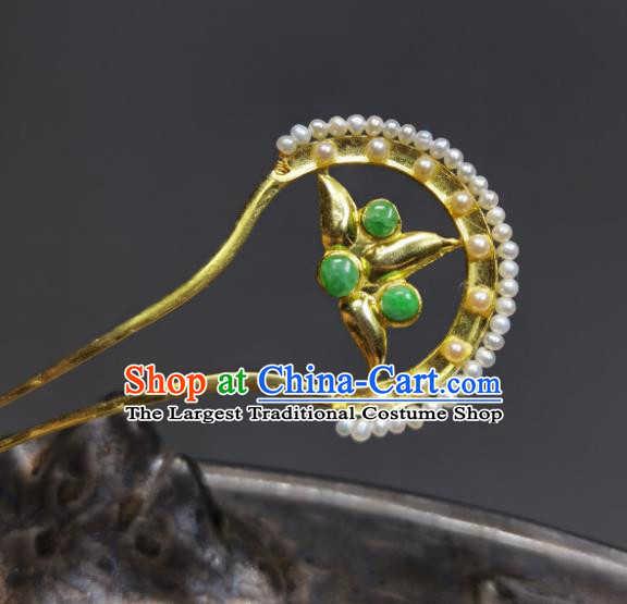 Chinese Handmade Qing Dynasty Queen Pearls Hair Stick Ancient Empress Golden Hairpin Traditional Hair Accessories