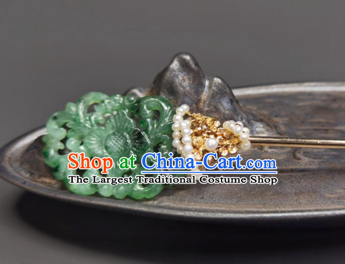 Chinese Traditional Jadeite Hair Accessories Handmade Qing Dynasty Queen Hair Stick Ancient Empress Pearls Hairpin