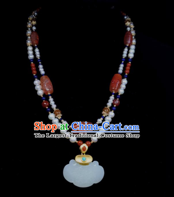 China Handmade Jade Longevity Lock Jewelry Ancient Imperial Consort Necklace Accessories Qing Dynasty Agate Necklet