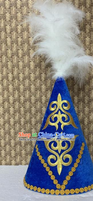 China Xinjiang Ethnic Folk Dance Royalblue Hat Kazak Nationality Stage Performance Headwear  Kazakh Minority Female Feather Headdress