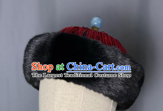 China Qing Dynasty Official Headdress Ancient Minister Winter Hat Traditional Manchu Royal Highness Headwear for Men