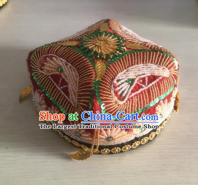 China Xinjiang Ethnic Female Red Hat Uyghur Nationality Dance Headwear Uighur Minority Stage Performance Sequins Headdress