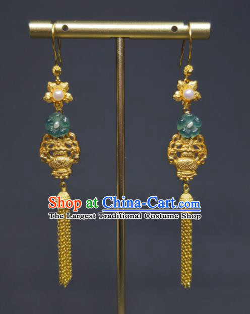 Handmade Chinese Golden Tassel Ear Accessories National Jadeite Earrings Traditional Cheongsam Ear Jewelry Qing Dynasty Eardrop