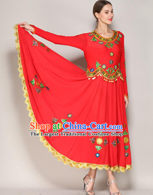 Chinese Xinjiang Uighur Minority Dance Clothing Ethnic Garment Costume Uyghur Nationality Stage Performance Red Dress