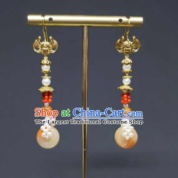 Handmade Chinese Qing Dynasty Court Eardrop Traditional Agate Ring Ear Accessories National Golden Bat Earrings Cheongsam Ear Jewelry