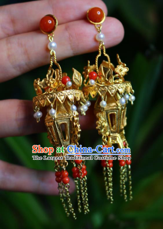 Handmade Chinese National Golden Lantern Earrings Cheongsam Ear Jewelry Qing Dynasty Court Eardrop Traditional Silver Ear Accessories