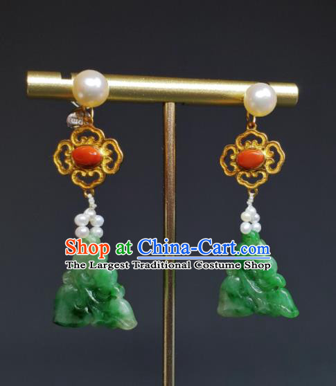 Handmade Chinese Coral Eardrop Traditional Ear Accessories National Jadeite Carving Earrings Cheongsam Ear Jewelry