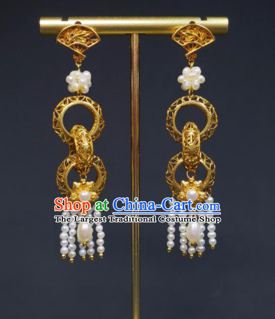 Handmade Chinese Cheongsam Ear Jewelry Qing Dynasty Empress Eardrop Traditional Pearls Tassel Ear Accessories National Golden Rings Earrings