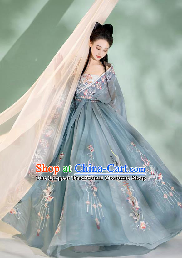 China Ancient Palace Princess Garment Costumes Traditional Court Blue Hanfu Dress Southern and Northern Dynasties Noble Woman Historical Clothing