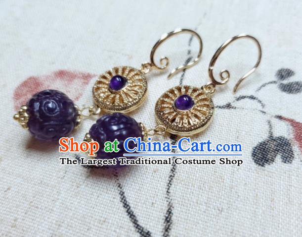 Handmade Chinese Traditional Amethyst Eardrop Cheongsam Ear Jewelry Ear Accessories National Golden Earrings