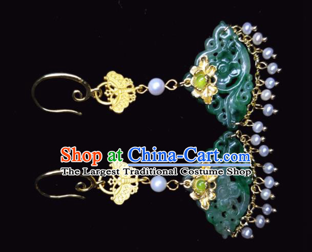 Handmade Chinese Cheongsam Ear Jewelry Jadeite Ear Accessories National Golden Lotus Earrings Traditional Pearls Eardrop