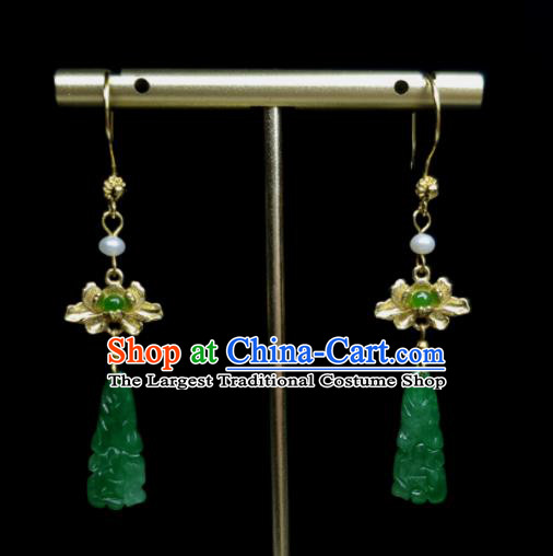 Handmade Chinese Golden Lotus Eardrop Cheongsam Ear Accessories National Jadeite Earrings Traditional Ear Jewelry