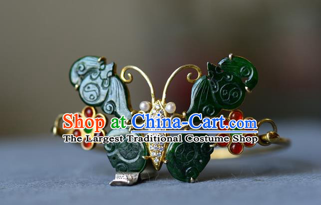 China Handmade Jade Butterfly Bangle Jewelry Qing Dynasty Silver Bracelet Traditional Wristlet Accessories