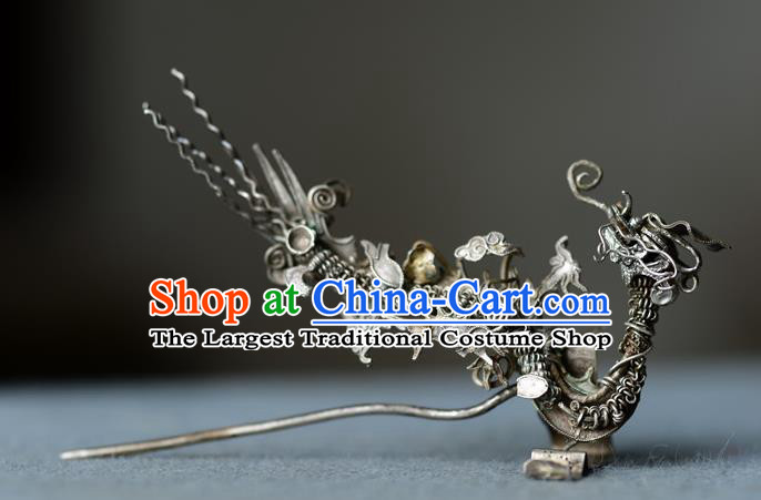 Chinese Handmade Qing Dynasty Filigree Dragon Hair Stick Ancient Empress Silver Hairpin Traditional Vintage Hair Accessories
