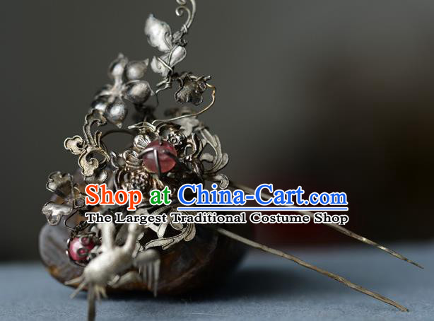 Chinese Ancient Empress Silver Hairpin Traditional Court Hair Accessories Handmade Qing Dynasty Imperial Consort Ruby Hair Stick