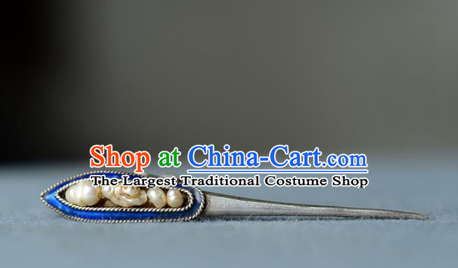 Chinese Handmade Qing Dynasty Imperial Consort Pearls Hair Stick Ancient Court Woman Silver Hairpin Traditional Qipao Cloisonne Hair Accessories