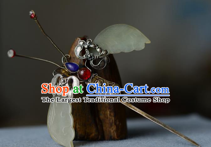 Chinese Traditional Gems Hair Accessories Handmade Qing Dynasty Imperial Consort Jade Hair Stick Ancient Court Woman Silver Butterfly Hairpin