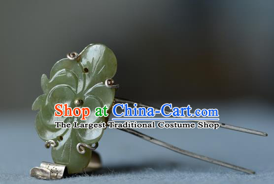 Chinese Ancient Court Woman Jade Peony Hairpin Traditional Hair Accessories Handmade Qing Dynasty Imperial Consort Silver Hair Comb