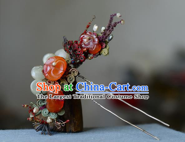 Chinese Handmade Qing Dynasty Court Woman Agate Hair Comb Ancient Empress Silver Hairpin Traditional Jade Hair Accessories