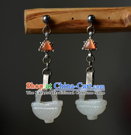 Handmade Chinese Traditional Hetian Jade Eardrop Cheongsam Ear Jewelry Silver Ear Accessories National Earrings