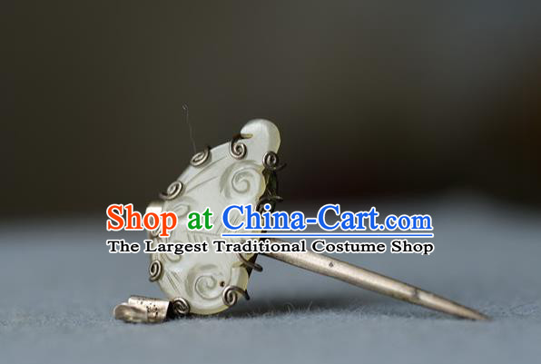 Chinese Traditional Hetian Jade Hair Accessories Handmade Qing Dynasty Palace Lady Hair Stick Ancient Princess Silver Hairpin