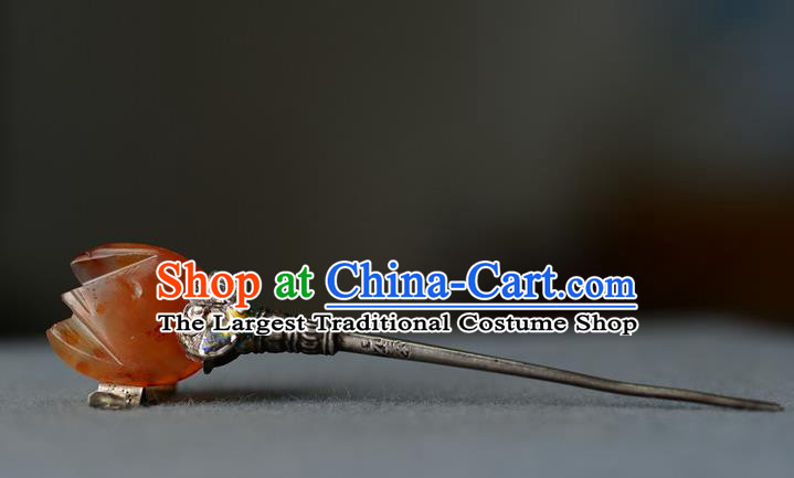 Chinese Handmade Qing Dynasty Court Woman Hair Stick Ancient Imperial Consort Agate Hairpin Traditional Silver Headpiece