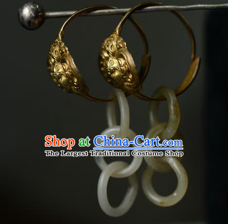 Handmade Chinese National Jade Rings Earrings Traditional Court Eardrop Cheongsam Ear Jewelry Qing Dynasty Silver Ear Accessories