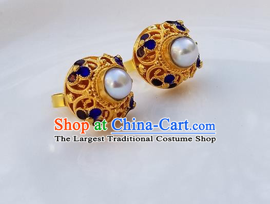 Handmade Chinese Cheongsam Golden Ear Jewelry Qing Dynasty Court Ear Accessories National Cloisonne Earrings Traditional Pearl Eardrop