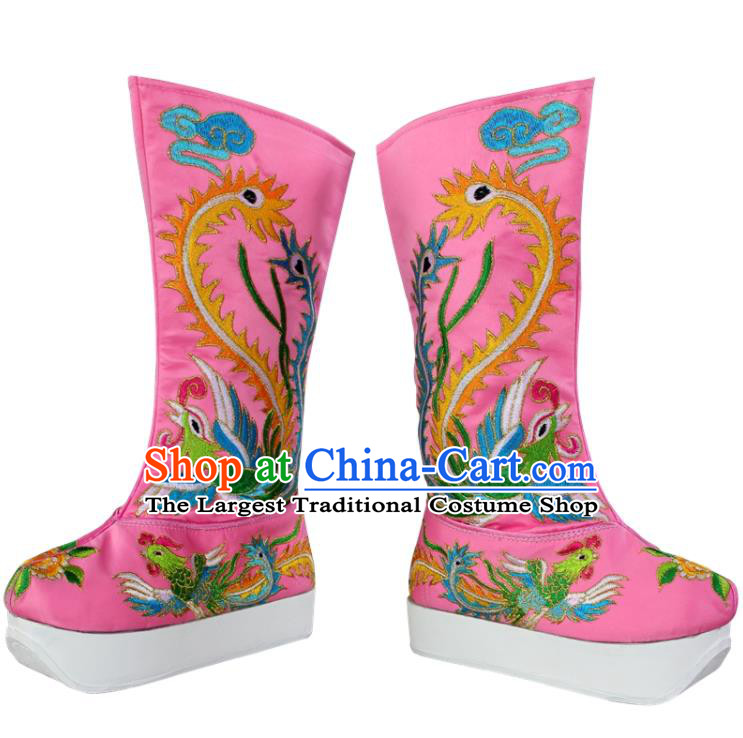 China Beijing Opera Hua Tan Shoes Ancient Empress Embroidered Pink Satin Boots Kun Opera Actress Shoes